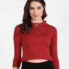 Round Neck Zipper 3/4th Sleeve T-Shirt for Women Scarlet Red