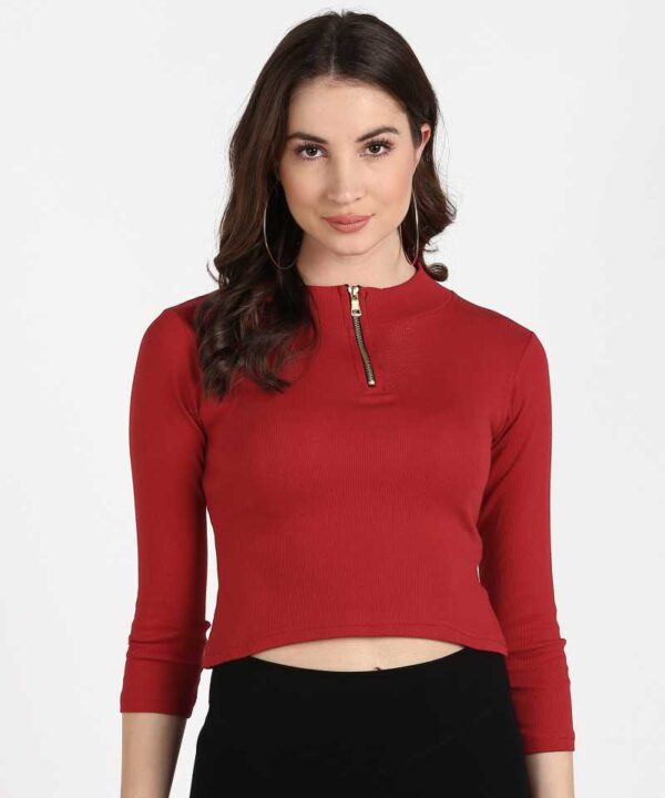 Round Neck Zipper 3/4th Sleeve T-Shirt for Women Scarlet Red