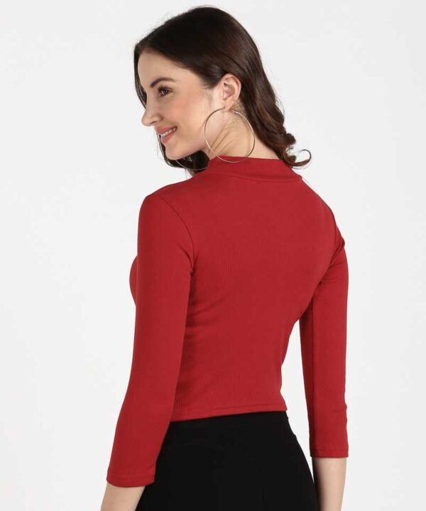 Round Neck Zipper 3/4th Sleeve T-Shirt for Women Scarlet Red