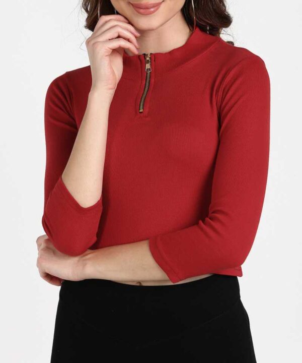 Round Neck Zipper 3/4th Sleeve T-Shirt for Women Scarlet Red